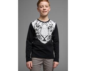 Langarmshirt KIDSWORLD "WHITE TIGER", Jungen, Gr. 176/182, schwarz, Jersey, Obermaterial: 100% Baumwolle, bedruckt, Basic, Rundhals, Shirts Langarmshirt, Basic Passform, stylischer Druck, Rundhalsauss