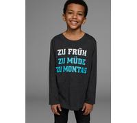 Langarmshirt KIDSWORLD "ZU FRÜH, ZU MÜDE, ZU MONTAG", Jungen, Gr. 128/134, grau (anthrazit, meliert), Jersey, Obermaterial: 60% Baumwolle, 40% Polyester, bedruckt, Basic, Rundhals, Shirts Langarmshirt