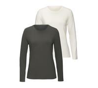 Langarmshirt LASCANA "aus weichem Viskose-Stretch", Damen, Gr. 48/50, graugrün, creme, Single Jersey, Obermaterial: 95% Viskose, 5% Elasthan, unifarben, Basic, Basic normal, Rundhals, Langarm, Shirts 