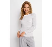Langarmshirt LASCANA, Damen, Gr. 40/42, blau (creme, marine gestreift), Rippware, Obermaterial: 95% Baumwolle, 5% Elasthan, gestreift, figurbetont hüftlang, Rundhals, Shirts Langarmshirt, aus Rippware