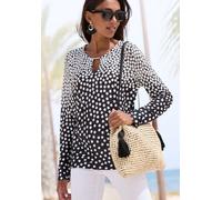 Langarmshirt LASCANA, Damen, Gr. 32/34, schwarz (schwarz, creme bedruckt), Jersey, Obermaterial: 100% Viskose, bedruckt, gepunktet, figurumspielend hüftlang, V-Ausschnitt, Shirts Langarmshirt, mit kle