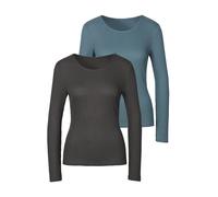 Langarmshirt LASCANA "in modischer Piqué-Optik", Damen, Gr. 36/38, blau (anthrazit, petrol), Piqué, Obermaterial: 69% Polyester (REPREVE), 28% Viskose, 3% Elasthan, unifarben, Basic, Basic schmal, Run