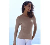 Langarmshirt LASCANA "in modischer Piqué-Optik", Damen, Gr. 40/42, grau (taupe), Piqué, Obermaterial: 69% Polyester (REPREVE), 28% Viskose, 3% Elasthan, unifarben, Basic, Basic schmal, Rundhals, Shirt