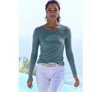 Langarmshirt LASCANA "in modischer Piqué-Optik", Damen, Gr. 44/46, blau (petrol), Piqué, Obermaterial: 69% Polyester (REPREVE), 28% Viskose, 3% Elasthan, unifarben, Basic, Basic schmal, Rundhals, Shir