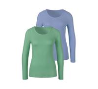 Langarmshirt LASCANA "in modischer Piqué-Optik", Damen, Gr. 44/46, bunt (hellblau, grün), Piqué, Obermaterial: 69% Polyester (REPREVE), 28% Viskose, 3% Elasthan, unifarben, Basic, Basic schmal, Rundha
