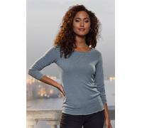 Langarmshirt LASCANA "mit feiner Glitzereinfassung", Damen, Gr. 32/34, blau (hellblau), Feinstrick, Obermaterial: 62% Polyester (REPREVE), 34% Viskose, 4% Elasthan, Glanzfaden, unifarben, feminin, beq