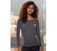 Langarmshirt LASCANA "mit feiner Glitzereinfassung", Damen, Gr. 36/38, schwarz (anthrazit melange), Feinstrick, Obermaterial: 62% Polyester (REPREVE), 34% Viskose, 4% Elasthan, Glanzfaden, unifarben,