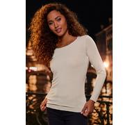 Langarmshirt LASCANA "mit feiner Glitzereinfassung", Damen, Gr. 44/46, beige (sand), Feinstrick, Obermaterial: 62% Polyester (REPREVE), 34% Viskose, 4% Elasthan, Glanzfaden, unifarben, bequem, tiefer