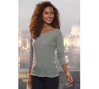 Langarmshirt LASCANA "mit feiner Glitzereinfassung", Damen, Gr. 44/46, grün (lindgrün), Feinstrick, Obermaterial: 61% Polyester (REPREVE), 36% Viskose, 3% Elasthan, unifarben, Glanzfaden, feminin, beq