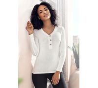 Langarmshirt LASCANA "mit kurzer Knopfleiste", Damen, Gr. 32/34, beige (creme), Rippware, Obermaterial: 95% Viskose, 5% Elasthan, unifarben, bequem normal, V-Ausschnitt, Shirts Langarmshirt, aus weich