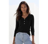 Langarmshirt LASCANA "mit kurzer Knopfleiste", Damen, Gr. 32/34, schwarz, Rippware, Obermaterial: 95% Viskose, 5% Elasthan, unifarben, casual, bequem, V-Ausschnitt, Langarm, Shirts, aus weicher Viskos