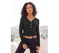 Langarmshirt LASCANA "mit kurzer Knopfleiste", Damen, Gr. 32/34, schwarz, Rippware, Obermaterial: 95% Viskose, 5% Elasthan, unifarben, bequem normal, V-Ausschnitt, Shirts Langarmshirt, aus weicher Vis