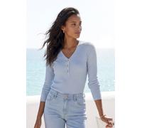 Langarmshirt LASCANA "mit kurzer Knopfleiste", Damen, Gr. 44/46, blau (hellblau), Rippware, Obermaterial: 95% Viskose, 5% Elasthan, unifarben, bequem normal, V-Ausschnitt, Shirts Langarmshirt, aus wei