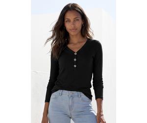 Langarmshirt LASCANA "mit kurzer Knopfleiste", Damen, Gr. 44/46, schwarz, Rippware, Obermaterial: 95% Viskose, 5% Elasthan, unifarben, bequem normal, V-Ausschnitt, Shirts Langarmshirt, aus weicher Vis