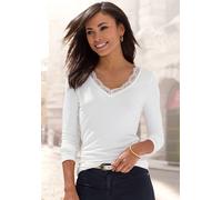 Langarmshirt LASCANA "mit Spitze", Damen, Gr. 40/42, weiß (creme), Jersey, Obermaterial: 95% Viskose (LENZING™ ECOVERO™), 5% Elasthan, unifarben, figurumspielend normal, V-Ausschnitt, Shirts Langarmsh