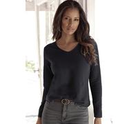 Langarmshirt LASCANA "mit Streifenstruktur", Damen, Gr. 32/34, beige (creme, schwarz), Jersey, Obermaterial: 100% Baumwolle, unifarben, Basic, normal normal, V-Ausschnitt, abgesteppt, Shirts Langarmsh