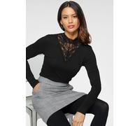 Langarmshirt LAURA SCOTT, Damen, Gr. 46, schwarz, Single Jersey, Obermaterial: 95% Viskose, 5% Elasthan. Spitze: 95% Polyester, 5% Elasthan, unifarben, figurbetont hüftlang, Shirts Langarmshirt, figur