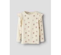 Langarmshirt LIL' ATELIER "NMFGAVO EKO LS SLIM TOP LIL NOOS", Mädchen, Gr. 92, beige (turtledove aop:bow), Jersey, Obermaterial: 57% Baumwolle, 38% Lyocell, 5% Elasthan, bedruckt, slim fit normal, Run