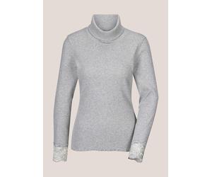 Langarmshirt MADELEINE "Rollkragenshirt Elegantes Basicshirt mit Spitze, Rollkragen", Damen, Gr. 46, grau (graumelange), Obermaterial: 74% Wolle mw. 10% Polyester PES. 9% Kaschmir WS. 2% diverse Faser