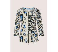 Langarmshirt MADELEINE "Shirtjacke Sportiver Halbarm Shirtblazer mit Print", Damen, Gr. 46, gletscherblau, perlweiß, schwarz, Obermaterial: 95% Baumwolle CO. 5% Elasthan EL., Modern, Shirts Langarmshi