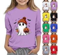 Langarmshirt Mädchen Halloween Shirts Jungen Langarm Rundhals Sweatshirt Halloween-Muster Pullover Tops Lässige Baumwolle Bluse Weiche Bequeme Unterhemd Preppy-Stil Outfit (Blue #1, 10-11Years)