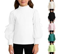 Langarmshirt Mädchen Sport Tshirt Mädchen Puffärmel Rundhals Strickpullover T-Shirts Kinder Einfarbig Bequeme Rüschen Unterhemd Soft Langarm T Shirts Casual Slim Fit Tops (Pink, 7-8 Years)
