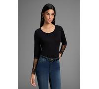 Langarmshirt MELROSE, Damen, Gr. 42, schwarz, Jersey, Obermaterial: 95% Viskose, 5% Elasthan. Spitze: 100% Polyester, unifarben, tailliert hüftlang, Rundhals, Spitze, Shirts Langarmshirt, taillierte P