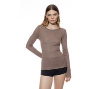 Langarmshirt MEY "Wool Love", Damen, Gr. XXS/XS, grau (deep taupe), Feinstrick, Obermaterial: 70% Schurwolle, 30% Seide, unifarben, figurbetont hüftbedeckend, Rundhals, gerader Abschluss, Shirts Langa