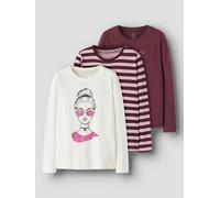Langarmshirt NAME IT "NKFNIANA 3P LS TOP", Mädchen, Gr. 116, lila sachet pack:lila stripe, cloud dancer, burgundy, Jersey, Obermaterial: 100% Baumwolle, bedruckt, regular fit normal, Rundhals, Shirts