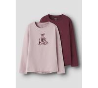 Langarmshirt NAME IT "NKFVIX 2P LS TOP", Mädchen, Gr. 134/140, keepsake lila pack:burgundy snowflake, Jersey, Obermaterial: 95% Baumwolle, 5% Elasthan, bedruckt, normal normal, Rundhals, Shirts Langar