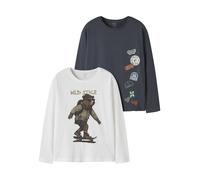 Langarmshirt NAME IT "NKMVAGNO 2P LS LOOSE TOP", Jungen, Gr. 158/164, bunt (ombre blau pack:cloud dancer, wild style), Jersey, Obermaterial: 100% Baumwolle, bedruckt, normal, Rundhals, Shirts Langarms
