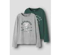 Langarmshirt NAME IT "NKMVUX 2P LS TOP", Jungen, Gr. 122/128, grau melange pack:bistro grün adventure, Jersey, Obermaterial: 95% Baumwolle, 5% Elasthan, bedruckt, regular fit normal, Rundhals, Shirts