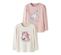 Langarmshirt NAME IT "NMFKIMIA LS TOP BOX 2P", Mädchen, Gr. 122/128, antique weiß pack:lotus, Jersey, Obermaterial: 95% Baumwolle, 5% Elasthan, bedruckt, regular fit normal, Rundhals, Shirts Langarmsh