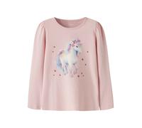 Langarmshirt NAME IT "NMFKIMIA LS TOP BOX", Mädchen, Gr. 98, rosa (lotus), Jersey, Obermaterial: 95% Baumwolle, 5% Elasthan, bedruckt, regular fit normal, Rundhals, Shirts Langarmshirt, Baumwollmischu