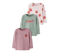 Langarmshirt NAME IT "NMFNIA 3P LS TOP", Mädchen, Gr. 104, lilas pack:lilas, raindrops on roses, grün mili, Jersey, Obermaterial: 100% Baumwolle, bedruckt, normal normal, Rundhals, Shirts Langarmshirt