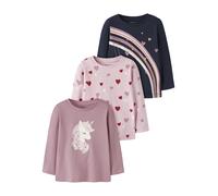 Langarmshirt NAME IT "NMFNIA 3P LS TOP", Mädchen, Gr. 104, navy blazer pack:navy blazer, sweet dreams, lilas, Jersey, Obermaterial: 100% Baumwolle, bedruckt, normal normal, Rundhals, Shirts Langarmshi