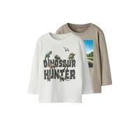 Langarmshirt NAME IT "NMMVOTO 2P LS NREG TOP", Jungen, Gr. 98, vintage khaki pack:cloud dancer, Jersey, Obermaterial: 100% Baumwolle, bedruckt, normal normal, Rundhals, Shirts Langarmshirt (40474902-9