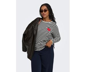 Langarmshirt ONLY CARMAKOMA "CARBODIL L/S O-NECK BLOUSE JRS", Damen, Gr. M, schwarz stripes:cloud dancer with rot emb heart, Jersey, Obermaterial: 63% Polyester, 33% Baumwolle, 4% Elasthan, gestreift,
