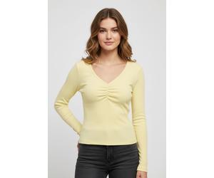 Langarmshirt ONLY "ONLBETTY LIFE L/S SCALLOP V-NECK CC JRS", Damen, Gr. L, gelb (sunlight), Jersey, Obermaterial: 95% Baumwolle, 5% Elasthan, unifarben, hüftlang, V-Ausschnitt, Shirts Langarmshirt, mi