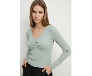 Langarmshirt ONLY "ONLBETTY LIFE L/S SCALLOP V-NECK CC JRS", Damen, Gr. M, jadeite, Jersey, Obermaterial: 95% Baumwolle, 5% Elasthan, unifarben, hüftlang, V-Ausschnitt, Shirts Langarmshirt, mit Raffun
