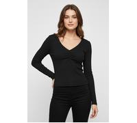 Langarmshirt ONLY "ONLBETTY LIFE L/S SCALLOP V-NECK CC JRS", Damen, Gr. M, schwarz, Jersey, Obermaterial: 95% Baumwolle, 5% Elasthan, unifarben, hüftlang, V-Ausschnitt, Shirts Langarmshirt, mit Raffun