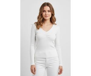 Langarmshirt ONLY "ONLBETTY LIFE L/S SCALLOP V-NECK CC JRS", Damen, Gr. S, weiß (cloud dancer), Jersey, Obermaterial: 95% Baumwolle, 5% Elasthan, unifarben, hüftlang, V-Ausschnitt, Shirts Langarmshirt