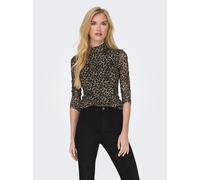 Langarmshirt ONLY "ONLERICA LIFE MESH L/S TOP JRS NOOS", Damen, Gr. M, beige (pumice stone aop:everyday leo), Jersey, Obermaterial: 95% Polyester, 5% Elasthan, bedruckt, regular fit normal, hoch gesch