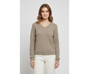 Langarmshirt ONLY "ONLPAOLA L/S V-NECK TOP JRS", Damen, Gr. XS, beige (cocoa créme), Jersey, Obermaterial: 88% Polyester, 8% Viskose, 4% Elasthan, unifarben, loose fit, V-Ausschnitt, Shirts Langarmshi