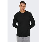Langarmshirt ONLY & SONS "ONSTOBIE REG LS HENLEY TEE NOOS", Herren, Gr. M, schwarz, Jersey, Obermaterial: 60% Baumwolle, 40% Polyester, unifarben, regular fit normal, Rundhals, Bündchen, Shirts Langar