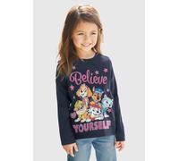 Langarmshirt PAW PATROL, Mädchen, Gr. 128/134, blau, Jersey, Obermaterial: 100% Baumwolle, bedruckt, Basic hüftlang, Rundhals, abgesteppte Kante, Shirts Langarmshirt, Schriftzug mit PAW PATROL Team (9