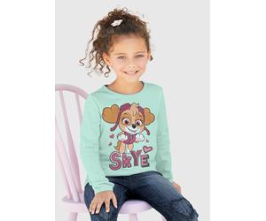 Langarmshirt PAW PATROL, Mädchen, Gr. 128/134, grün (mint), Jersey, Obermaterial: 100% Baumwolle, bedruckt, Basic hüftlang, Rundhals, abgesteppte Kante, Shirts Langarmshirt, Druck mit Glitzerdetails (