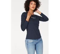 Langarmshirt PEPE JEANS "NEW VIRGINA L/S", Damen, Gr. L/40, blau (navy 595), Single Jersey, Obermaterial: 95% Baumwolle, 5% Elasthan, bedruckt, figurbetont hüftlang, Rundhals, Shirts Langarmshirt, mit