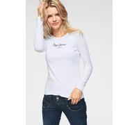 Langarmshirt PEPE JEANS "NEW VIRGINA L/S", Damen, Gr. M/38, weiß (weiß 800), Single Jersey, Obermaterial: 95% Baumwolle, 5% Elasthan, bedruckt, figurbetont hüftlang, Rundhals, Shirts Langarmshirt, mit