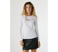 Langarmshirt PEPE JEANS "NEW VIRGINA L/S", Damen, Gr. XS/34, weiß (weiß 800), Single Jersey, Obermaterial: 95% Baumwolle, 5% Elasthan, bedruckt, figurbetont hüftlang, Rundhals, Shirts Langarmshirt, mi